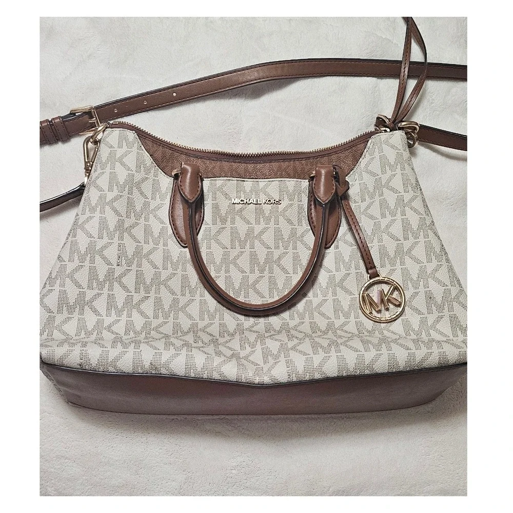 Michael Kors Signature Logo Satchel Crossbody Bag Vanilla Brown Gold Hardware
